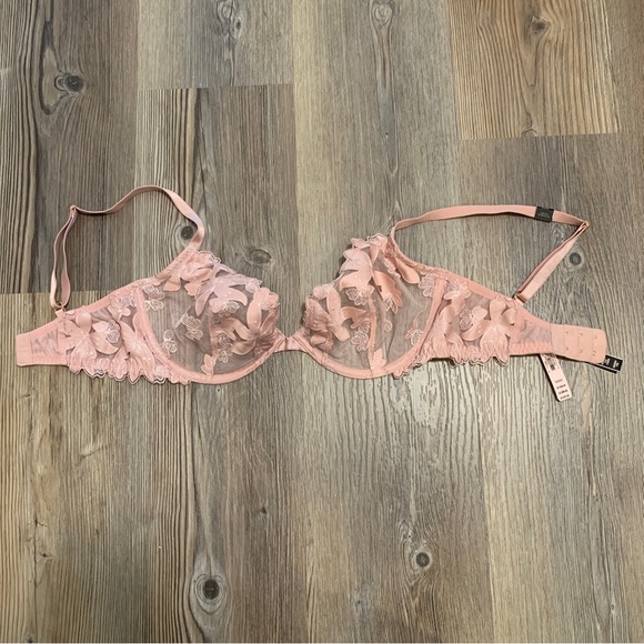 Victoria’s Secret Unlined Underwire Sheer Lace Floral Bra Pink Women’s 32DDD NWT - Picture 1 of 4
